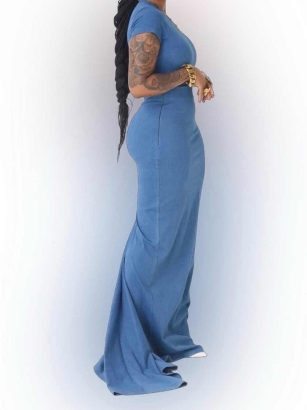 Sleek Blue Maxi Skirt Set — Women's Fitted Two-Piece